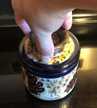 French Butter Keeper. Lid stem with holes style